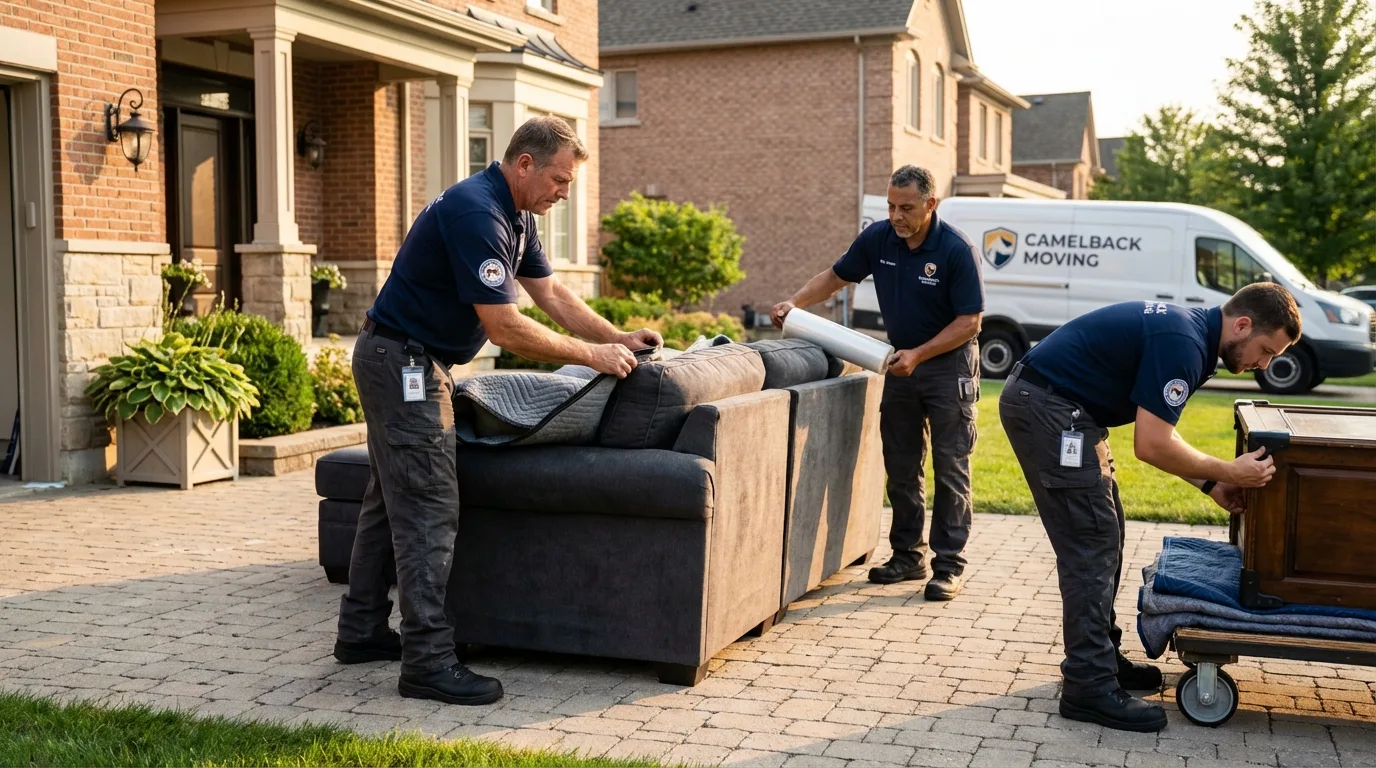 Large estate moving crew wrapping furniture in Ithaca, MI