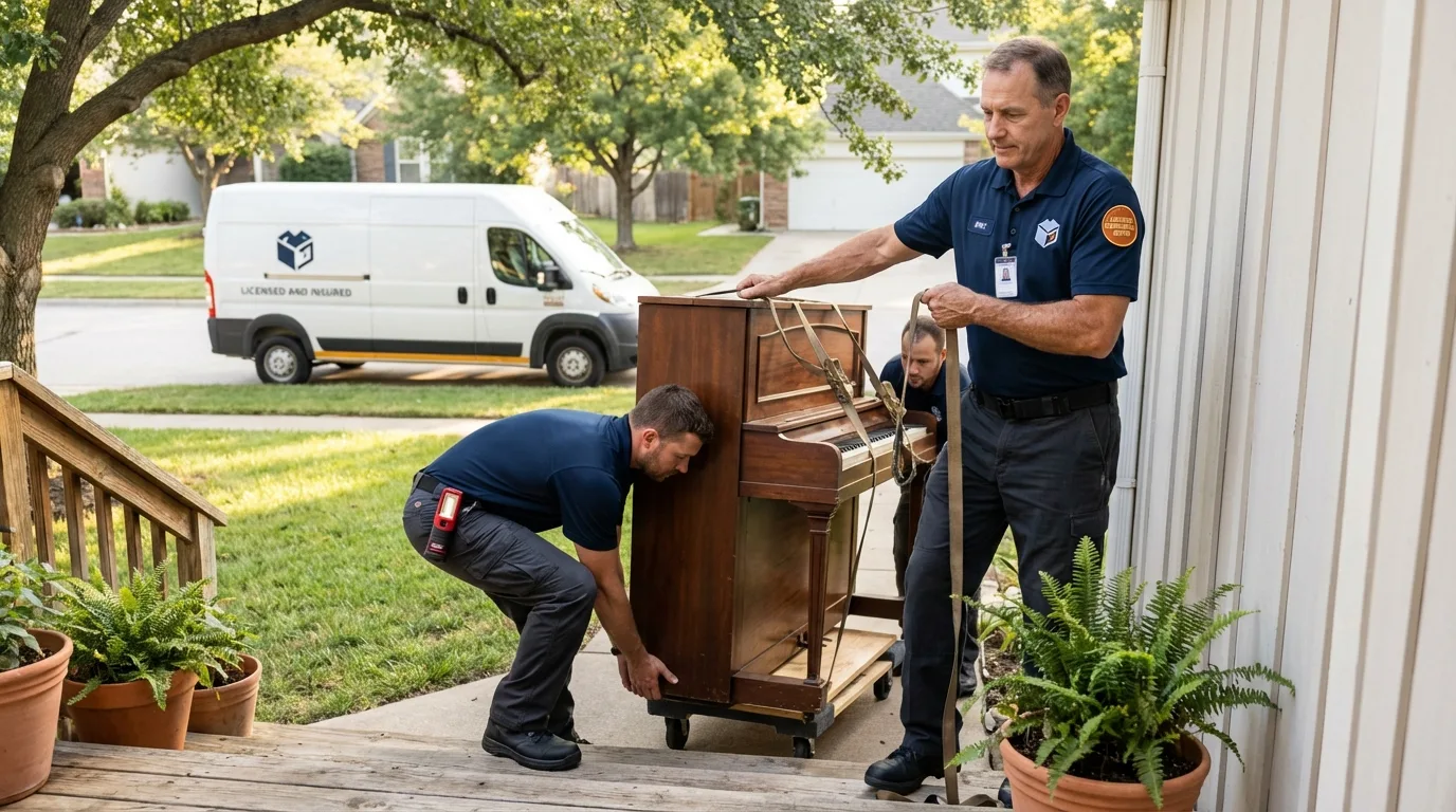 Licensed piano movers securing grand piano in Ithaca, MI