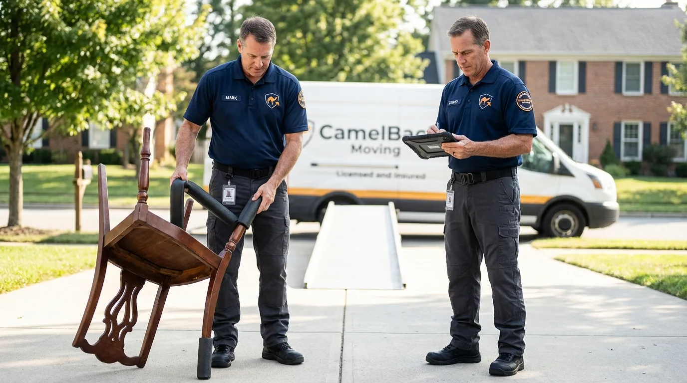 Movers inspecting furniture for damage prevention before loading in Ithaca, MI