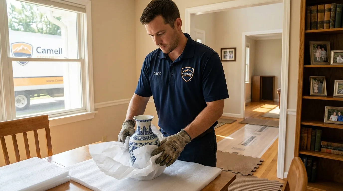 Professional crew carefully wrapping antique vase for senior downsizing move in Ithaca, MI