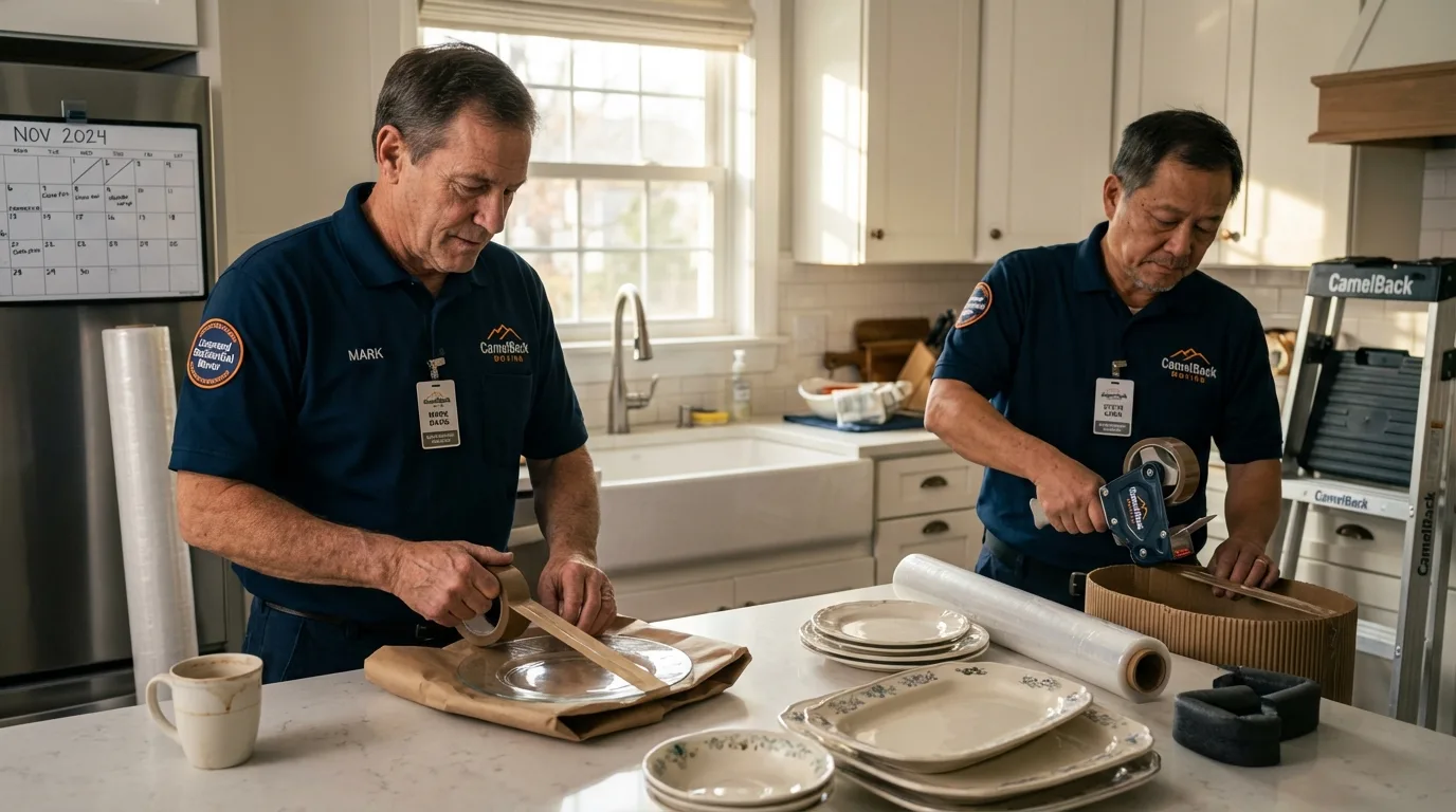 Professional crew packing kitchen dishware in Ithaca, MI